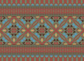 Pixel Vintages Cross Stitch Traditional Ethnic Pattern Paisley Flower Ikat Background Abstract Aztec African Indonesian Indian Seamless Pattern for Fabric Print Cloth Dress Carpet Curtains and Sarong vector