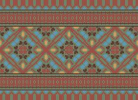 Pixel Vintages Cross Stitch Traditional Ethnic Pattern Paisley Flower Ikat Background Abstract Aztec African Indonesian Indian Seamless Pattern for Fabric Print Cloth Dress Carpet Curtains and Sarong vector