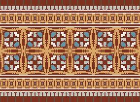 African cross stitch embroidery on background.geometric ethnic oriental seamless pattern traditional.Aztec style abstract vector illustration.design for texture,fabric,clothing,wrapping,carpet.