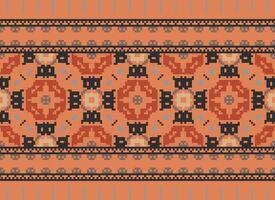 Pixel vintages cross stitch traditional ethnic pattern paisley flower Ikat background abstract Aztec African Indonesian Indian seamless pattern for fabric print cloth dress carpet curtains and sarong vector
