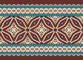 Pixel vintages cross stitch traditional ethnic pattern paisley flower Ikat background abstract Aztec African Indonesian Indian seamless pattern for fabric print cloth dress carpet curtains and sarong vector