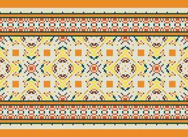 Pixel cross stitch traditional ethnic pattern paisley flower Ikat background abstract Aztec African Indonesian Indian seamless pattern for fabric print cloth dress carpet curtains and sarong vector