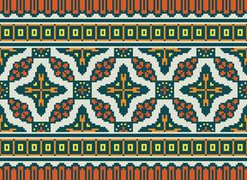 Pixel cross stitch traditional ethnic pattern paisley flower Ikat background abstract Aztec African Indonesian Indian seamless pattern for fabric print cloth dress carpet curtains and sarong vector