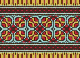 Pixel cross stitch traditional ethnic pattern paisley flower Ikat background abstract Aztec African Indonesian Indian seamless pattern for fabric print cloth dress carpet curtains and sarong vector