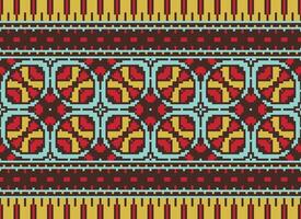 Pixel cross stitch traditional ethnic pattern paisley flower Ikat background abstract Aztec African Indonesian Indian seamless pattern for fabric print cloth dress carpet curtains and sarong vector