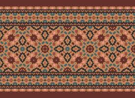 Pixel cross stitch traditional ethnic pattern paisley flower Ikat background abstract Aztec African Indonesian Indian seamless pattern for fabric print cloth dress carpet curtains and sarong vector