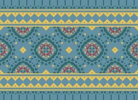 bordado étnico patrón, vector geométrico florido fondo, cruzar puntada retro zigzag estilo, azul y amarillo modelo tejido de punto continuo, diseño para textil, tela, cerámico, digital impresión