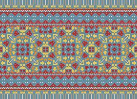Embroidery ethnic pattern, Vector Geometric ornate background, Cross stitch retro zigzag style, Blue and yellow pattern knitting continuous, Design for textile, fabric, ceramic, digital print