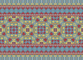 bordado étnico patrón, vector geométrico florido fondo, cruzar puntada retro zigzag estilo, azul y amarillo modelo tejido de punto continuo, diseño para textil, tela, cerámico, digital impresión