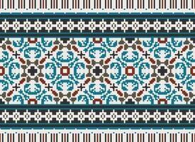 Pixel Ethnic geometric fabric pattern Cross Stitch.Ikat embroidery Ethnic oriental Pixel pattern blue background. Abstract,vector,illustration. Texture,clothing,frame,decoration,motifs,silk wallpaper. vector