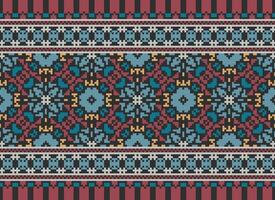 Pixel Ethnic geometric fabric pattern Cross Stitch.Ikat embroidery Ethnic oriental Pixel pattern blue background. Abstract,vector,illustration. Texture,clothing,frame,decoration,motifs,silk wallpaper. vector