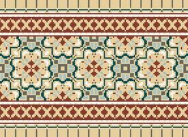 Pixel Ethnic geometric fabric pattern Cross Stitch.Ikat embroidery Ethnic oriental Pixel pattern blue background. Abstract,vector,illustration. Texture,clothing,frame,decoration,motifs,silk wallpaper. vector