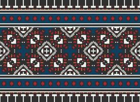 Pixel Ethnic geometric fabric pattern Cross Stitch.Ikat embroidery Ethnic oriental Pixel pattern blue background. Abstract,vector,illustration. Texture,clothing,frame,decoration,motifs,silk wallpaper. vector