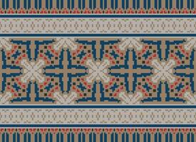 Pixel ikat and cross stitch geometric seamless pattern ethnic oriental traditional. Aztec style illustration design for carpet, wallpaper, clothing, wrapping, batik. vector