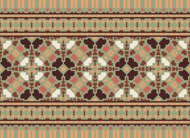 Pixel ikat and cross stitch geometric seamless pattern ethnic oriental traditional. Aztec style illustration design for carpet, wallpaper, clothing, wrapping, batik. vector