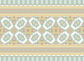 Pixel ikat and cross stitch geometric seamless pattern ethnic oriental traditional. Aztec style illustration design for carpet, wallpaper, clothing, wrapping, batik. vector