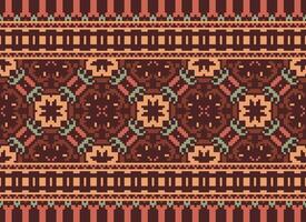 Pixel ikat and cross stitch geometric seamless pattern ethnic oriental traditional. Aztec style illustration design for carpet, wallpaper, clothing, wrapping, batik. vector