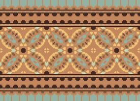 Pixel ikat and cross stitch geometric seamless pattern ethnic oriental traditional. Aztec style illustration design for carpet, wallpaper, clothing, wrapping, batik. vector