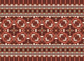 Pixel ikat and cross stitch geometric seamless pattern ethnic oriental traditional. Aztec style illustration design for carpet, wallpaper, clothing, wrapping, batik. vector