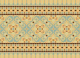 Pixel ikat and cross stitch geometric seamless pattern ethnic oriental traditional. Aztec style illustration design for carpet, wallpaper, clothing, wrapping, batik. vector