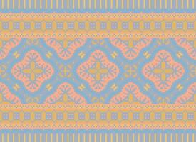 Pixel ikat and cross stitch geometric seamless pattern ethnic oriental traditional. Aztec style illustration design for carpet, wallpaper, clothing, wrapping, batik. vector