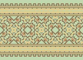 Pixel ikat and cross stitch geometric seamless pattern ethnic oriental traditional. Aztec style illustration design for carpet, wallpaper, clothing, wrapping, batik. vector