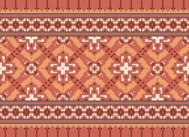 Pixel ikat and cross stitch geometric seamless pattern ethnic oriental traditional. Aztec style illustration design for carpet, wallpaper, clothing, wrapping, batik. vector