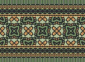 Pixel ikat and cross stitch geometric seamless pattern ethnic oriental traditional. Aztec style illustration design for carpet, wallpaper, clothing, wrapping, batik. vector