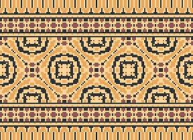 Pixel ikat and cross stitch geometric seamless pattern ethnic oriental traditional. Aztec style illustration design for carpet, wallpaper, clothing, wrapping, batik. vector