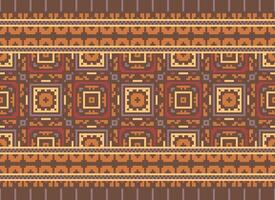 Pixel ikat and cross stitch geometric seamless pattern ethnic oriental traditional. Aztec style illustration design for carpet, wallpaper, clothing, wrapping, batik. vector