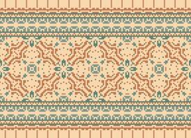 Pixel ikat and cross stitch geometric seamless pattern ethnic oriental traditional. Aztec style illustration design for carpet, wallpaper, clothing, wrapping, batik. vector