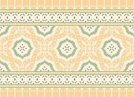Pixel ikat and cross stitch geometric seamless pattern ethnic oriental traditional. Aztec style illustration design for carpet, wallpaper, clothing, wrapping, batik. vector