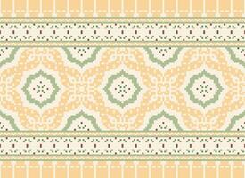 Pixel ikat and cross stitch geometric seamless pattern ethnic oriental traditional. Aztec style illustration design for carpet, wallpaper, clothing, wrapping, batik. vector