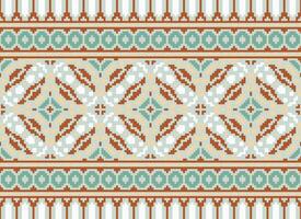 Pixel ikat and cross stitch geometric seamless pattern ethnic oriental traditional. Aztec style illustration design for carpet, wallpaper, clothing, wrapping, batik. vector