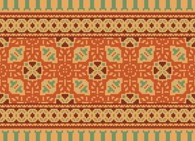 Pixel ikat and cross stitch geometric seamless pattern ethnic oriental traditional. Aztec style illustration design for carpet, wallpaper, clothing, wrapping, batik. vector