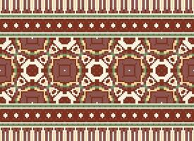 Pixel ikat and cross stitch geometric seamless pattern ethnic oriental traditional. Aztec style illustration design for carpet, wallpaper, clothing, wrapping, batik. vector