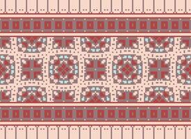 Pixel ikat and cross stitch geometric seamless pattern ethnic oriental traditional. Aztec style illustration design for carpet, wallpaper, clothing, wrapping, batik. vector