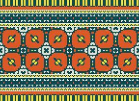 Pixel cross stitch traditional ethnic pattern paisley flower Ikat background abstract Aztec African Indonesian Indian seamless pattern for fabric print cloth dress carpet curtains and sarong vector