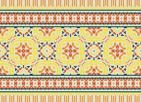 Pixel cross stitch traditional ethnic pattern paisley flower Ikat background abstract Aztec African Indonesian Indian seamless pattern for fabric print cloth dress carpet curtains and sarong vector