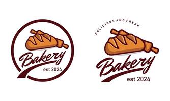 Bakery vintage badge logo, wood rolling pin, bakery handwritten logo, fresh bread and bakery logo design template vector