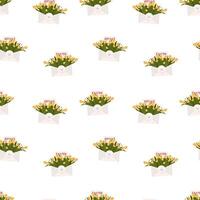 Seamless pattern of paper envelope filled with spring flowers, tulips. Floral Easter invitation with yellow tulips. Hand drawn vector illustration.
