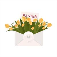 Festive Easter envelope with a postcard inside. The inscription Easter. Postcard filled with tulips Christ is Risen. Vertical poster, Easter card, Happy Easter banner. vector