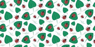 Seamless pattern with Ladybug and green leaves. vector illustration