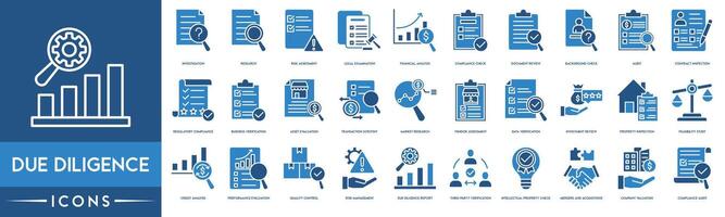 Due diligence icon. Investigation, Research, Risk Assessment, Legal Examination, Financial Analysis, Compliance Check, Document Review, Background Check, Audit and Contract Inspection icon set. vector