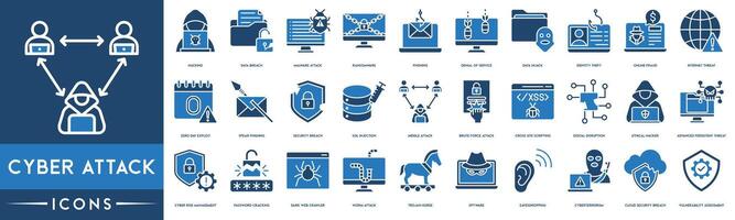 Cyber Attack icon set. Hacking, Data Breach, Malware Attack, Ransomware and Phishing icon vector. vector