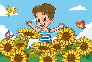 vector illustration of cute little children in sunflower field