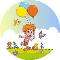 Vector illustration of little cute children playing with a kite in the garden.