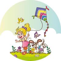 Vector illustration of little cute children playing with a kite in the garden.