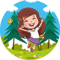 Vector illustration of happy cute children jumping on the grass on a sunny day