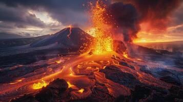 ai generado volcán estalla lava dentro el aire foto